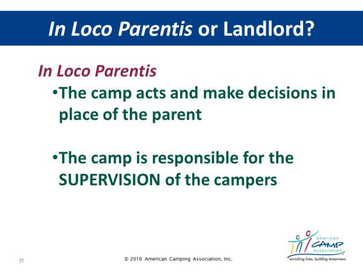In Loco Parentis or Landlord [animation] Explain When YOU are in charge of the supervision of minors, the legal term used to describe this is in loco parentis or in place of the parent, which refers