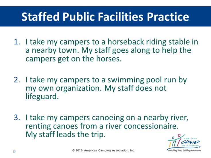 Staffed Public Facilities (animation) Handout: Unique Scoring Situations Who s Responsible Let s Practice Ask participants to get in pairs to answer the Staffed Public Facility questions on the top