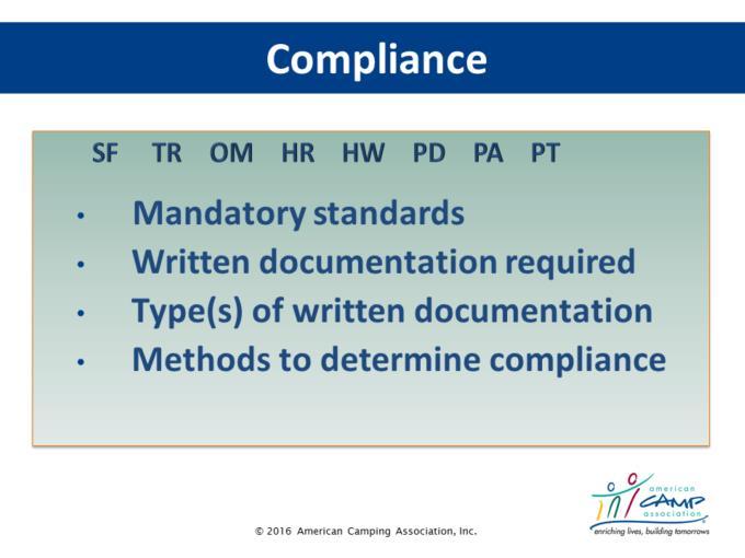 Standards Compliance Demonstration Have participants go to the Table of Standards in the back of the APG. It is a chart that lists each scoreable standard by number and title.