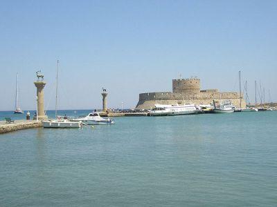 Harbor in Rhodes. These medieval windmills were used to ground the grain that came from the commercial ships docking in the harbor.