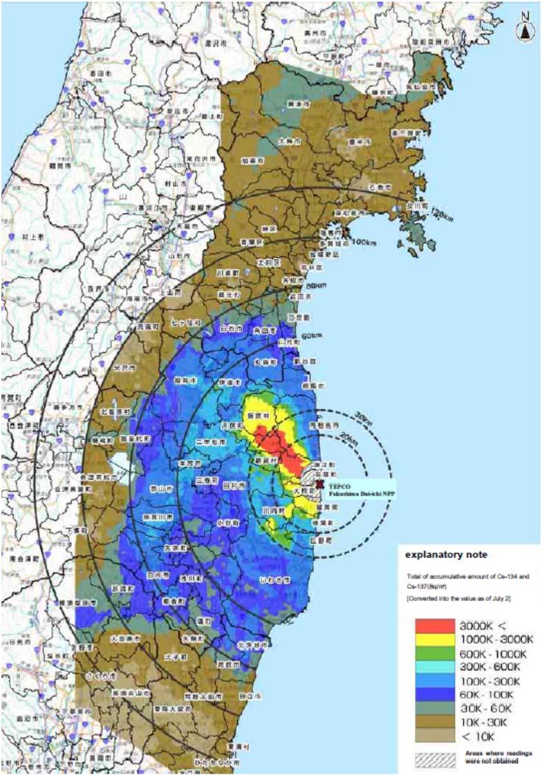 Great East Japan Earthquake and Tsunami, Accident (4/5) < Spread of radioactive materials from > The accident released radioactive materials such as Cs-134 and Cs-137