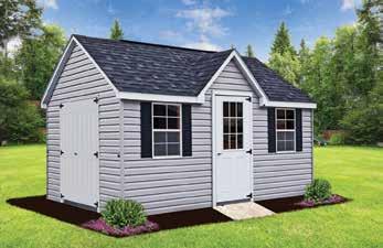 10 x14 Vinyl Rancher Standard Features include 2-18 x 27 single hung windows w/ screens & shutters steel white 4-lite double door aluminum silll protector 8/12 front pitch roof,