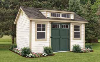10 x 14 Vinyl Carriage Estate shown with optional garden vents, and transom windows in door Standard Features include 2-24 x 36 single hung windows wi/ screens & shutters wood double door aluminum