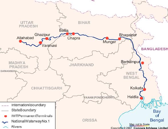 The 1,620 km stretch of the river Ganges that flows between Allahabad in Uttar Pradesh and Haldia in West Bengal has been declared National Waterway 1, and is being developed for navigation by the
