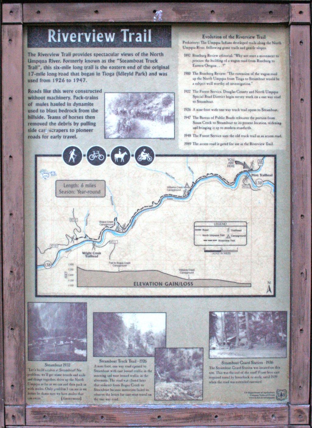 The enlarged view of the River View Trail interpretive sign (right) tells the history of road
