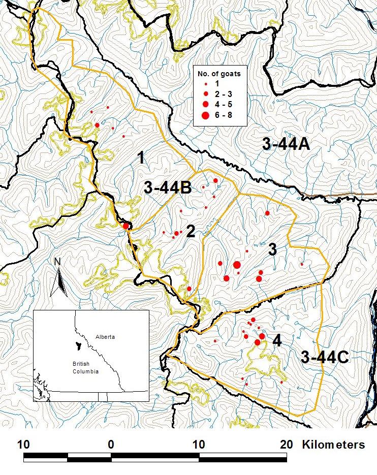 Blue River mountain goat survey, September 2006 4 Figure 1. Location and number of mountain goats observed in management unit 3-44, 17 September 2006.