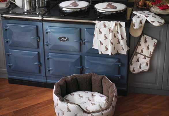 AGA HARE TEXTILES Our kitchen textile range features a beautifully detailed hare, hand painted in water colour by artist Pat Tinsley, and has been printed as a repeat on to the gauntlets, double oven