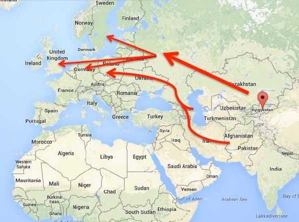 Central Asia to Europe via Russia Most of the traffic heads through Moscow en route to Frankfurt, London, Stockholm.
