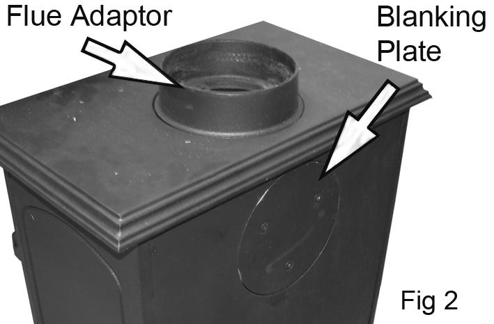3. Sit the stove upright and attach the flue adaptor as shown in Fig 2 using the screws supplied. Ensure the fireproof gasket is correctly seated in the base of the flue adaptor. 4.