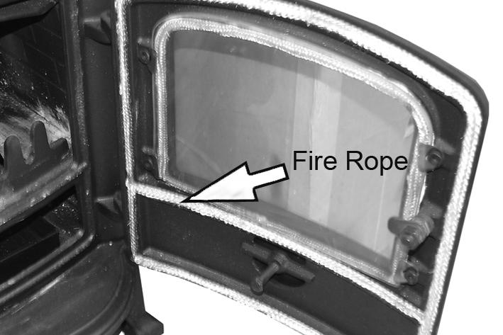 FIRE ROPE Check the rope around the door and glass. If rope is becoming detached, replace with rope approved for this purpose.