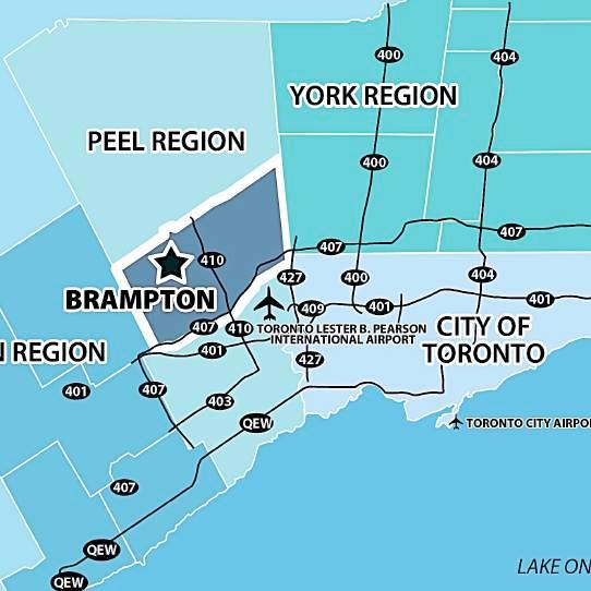 LOCATION Bordered by Mayfield Road in the north, Winston Churchill Boulevard in the west, Highway 50 in the east and just below Highway 407 in the south, the City of Brampton is just west of Toronto