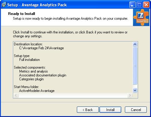 Install the Avantage Analytics Pack 9. You are now ready to install.