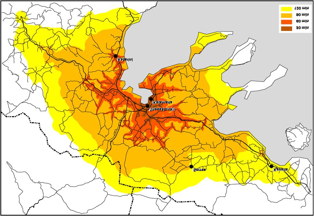 Figure 2: Isochrones prior (top) and after (bottom) the full implementation of the Egnatia motorway In order to identify those regions benefiting the most from travel time reductions, the average