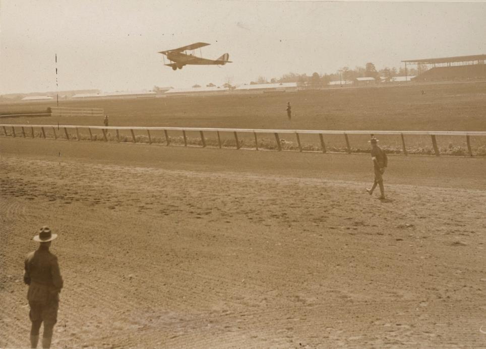 First airmail flight from New York, May 15, 1918. Army Lieutenant Torrey Webb takes off from the infield of Belmont Park s racetrack.