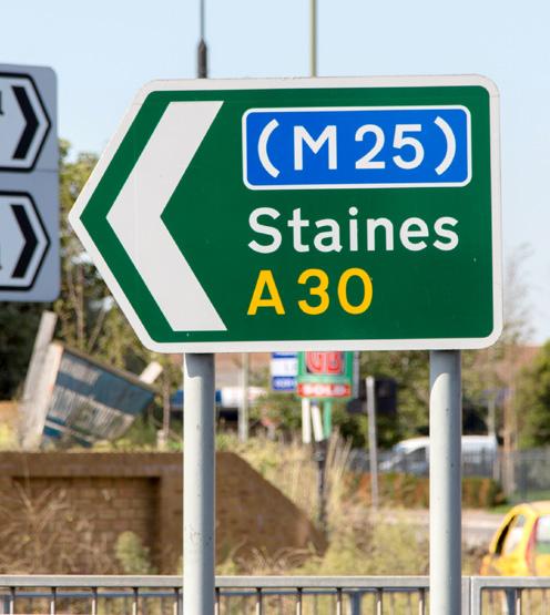 Staines-Upon-Thames town centre and junction 13 of the M25 to the west and