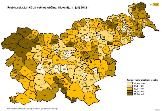 Grafikon 9: D1-1 Spreminjanje števila moških po starostnih skupinah po regijah RS v letih 2008 in 2013 (SURS) Slika 16: D1-1: Prebivalci stari 65 ali več let po občinah, 2012 Vir: SURS V Sloveniji