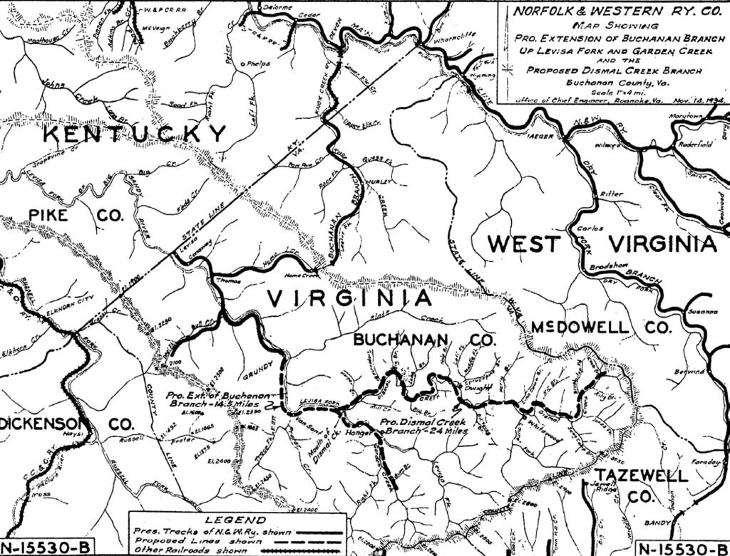 N&W Drawing N-15530-B, dated November 14, 1934, shows the proposed Buchanan Branch Extension and Proposed Dismal Creek Branch being built east from Grundy.