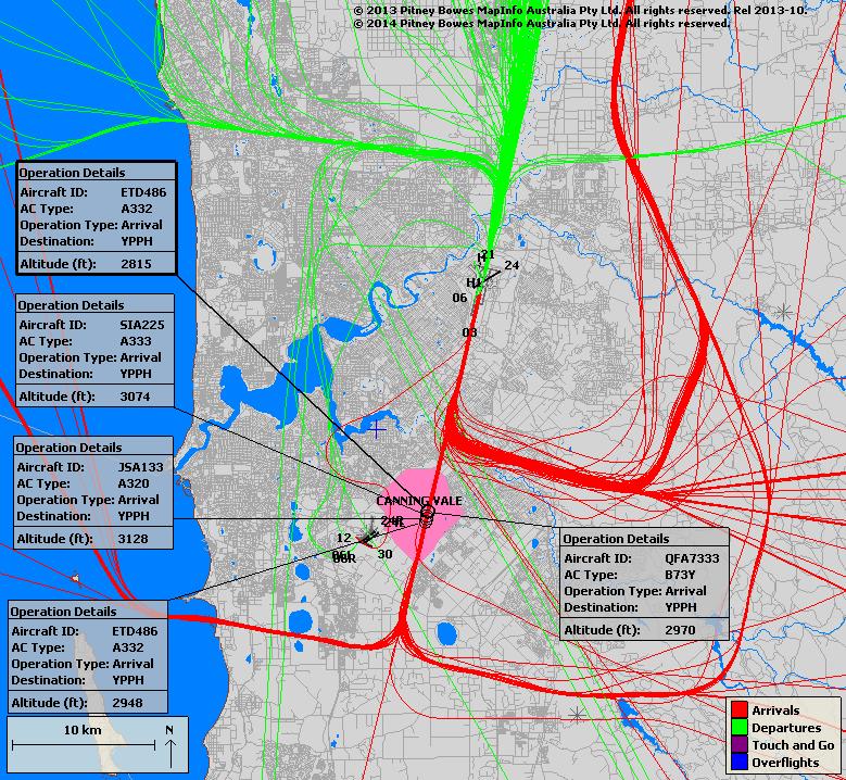 4. Flight path illustrations 4.1. Perth Airport The following image shows arrivals to Runway 03 over your suburb which is highlighted in pink and labelled.