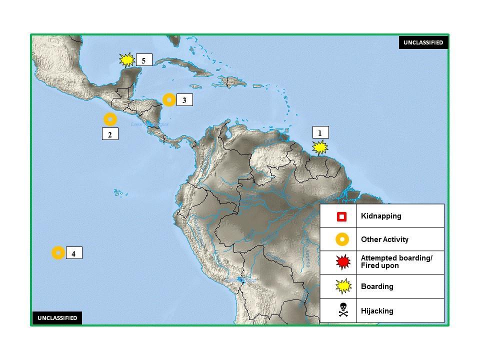 Figure 2. Central America - Caribbean - South America Piracy and Maritime Crime 1. (U) SURINAME: On 27 April, pirates attacked a group of 20 fishermen in 4 boats and forced them to jump overboard.