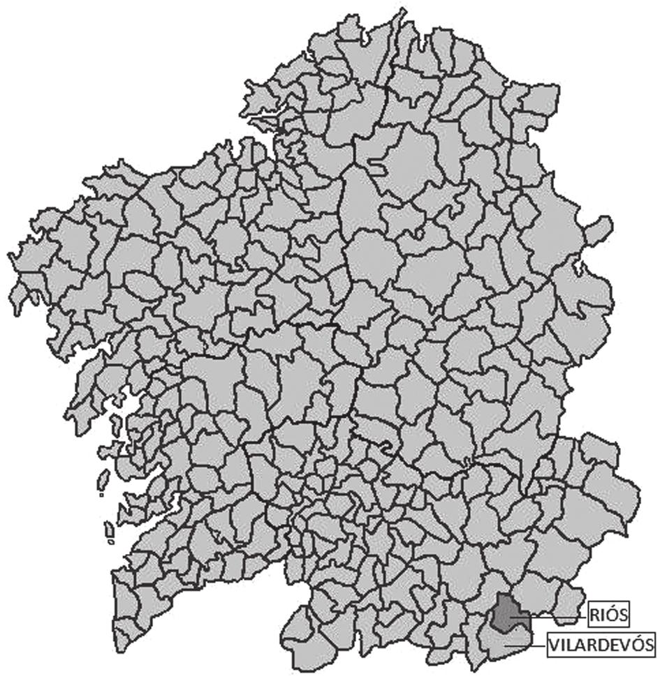 314 EMILIO ALONSO GAYOSO Figura 1. Mapa da localización dos concellos de Riós e Vilardevós. Elaboración propia a partires do ofrecido na Wikipedia. Figura 2. Mapa das parroquias da zona.