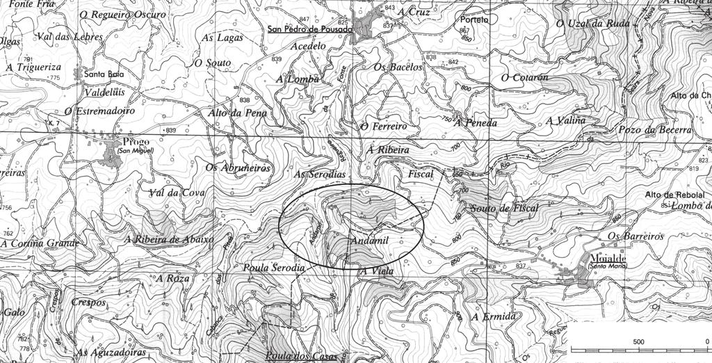 318 EMILIO ALONSO GAYOSO Figura 3. Mapa de elaboración propia en base ao Mapa Topográfico Nacional de España; Riós 303-II; (16-25). Orixinalmente con escala 1:25.000.