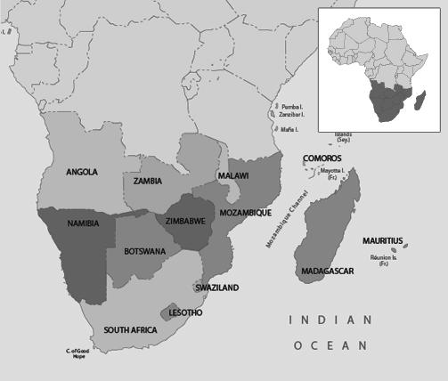 Countries, Geography, & Climate The Southern African region consists of the following countries: Angola Zambia Malawi Mozambique Zimbabwe Botswana Namibia Swaziland Lesotho South Africa Comoros
