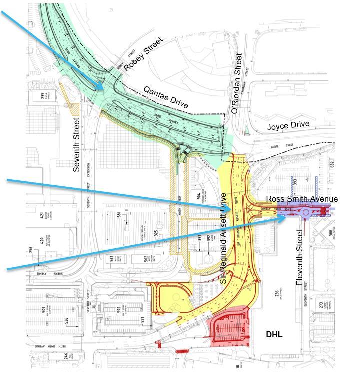 T2/T3 Ground Access Improvements The T2/T3 Ground Access Improvement Program is improving traffic flow into and through the precinct Widening Qantas Drive (teal) Widen Qantas Drive to three lanes in