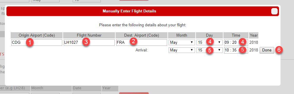 If you click the link to enter your flights manually a box will appear for you to complete the flight information (for your outbound journey