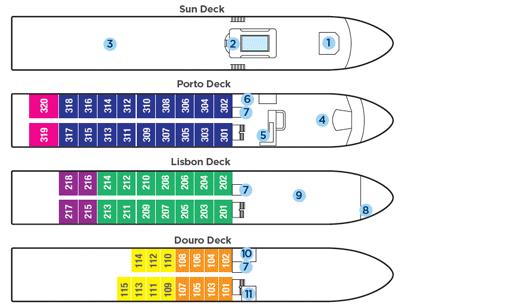 Category D Orange, Category E Yellow, Category A Purple, Category B Green, Category C light purple Stateroom amenities: All outside staterooms with the balconies for majority of staterooms Extra