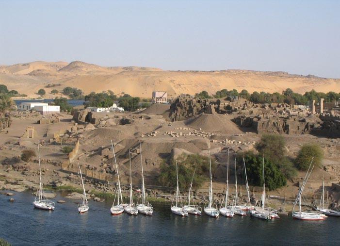 The settlement at Elephantine, viewed from the north, shows its ideal location for access to trade. Photo by Leslie Anne Warden.