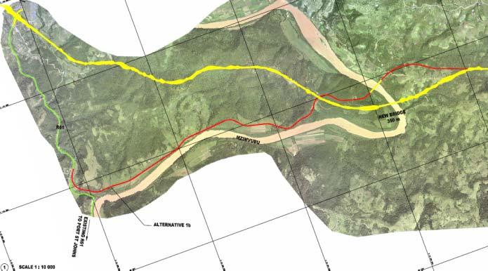 4.7 SECTION 4: Ndwalane to Ntafufu River There are two proposed alternative alignments. SANRAL s preferred alignment is shown in yellow in Figure 15 and shown superimposed on a 3-D view in Figure 16.