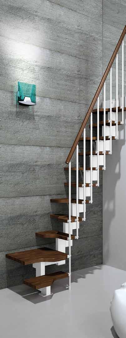 The treads and the handrail are both made of solid beech wood, varnished with natural water-based paint, whereas both the structure and the railing are made of painted