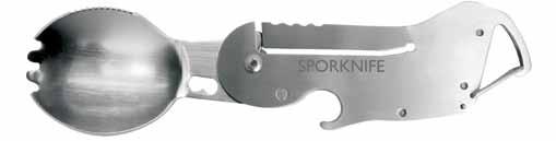 Stainless steel folding and locking fork, spoon, lightly serrated blade, and bottle opener all in one.