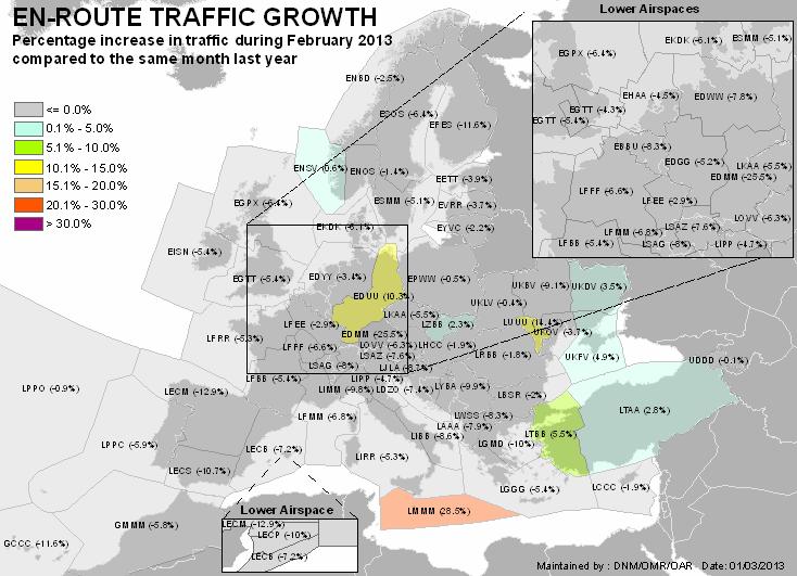 The most significant traffic increases occurred in Chisinau, Karlsruhe, Istanbul and Simferopol ACCs. The increase of 28.