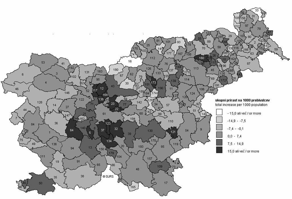 Priloga 16: Skupni prirast na 1000 prebivalcev po občinah, Slovenije Slika