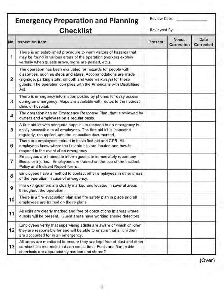 Checklists Easiest way to review regularly Divided into sections by type of emergency Needs