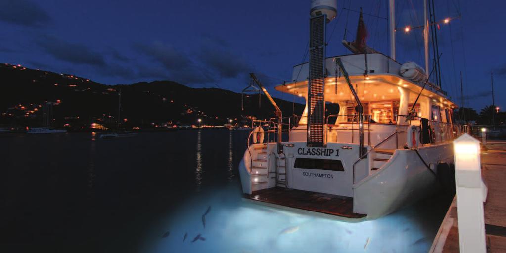 The yacht sports brilliant underwater lights that attract fish at night, making scuba diving or