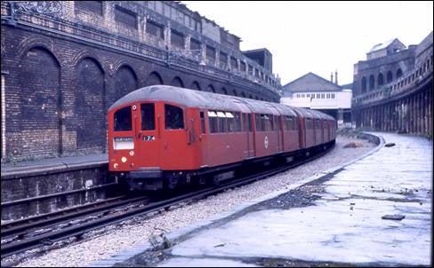 The single-line terminus at Shoreditch showing a four-car unit of 1938 Tube Stock that worked services between 1974 and 1977.