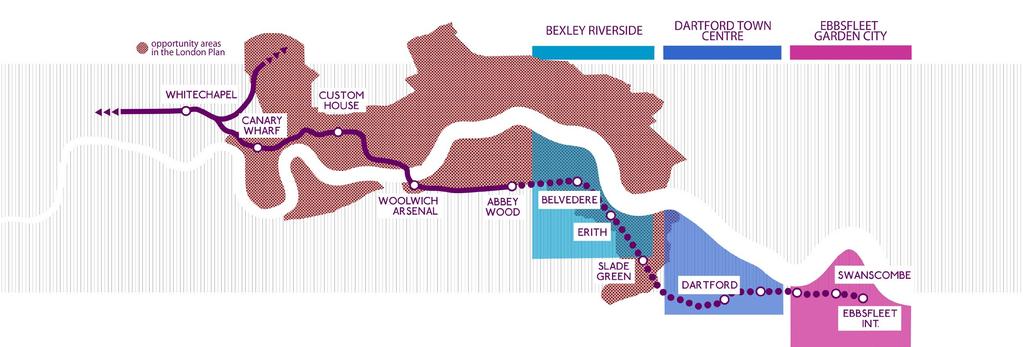 4 5 CONNECTING OPPORTUNITY AREAS The C2E route directly connects three major opportunity areas: Bexley Riverside, Dartford Town Centre and Ebbsfleet Garden City.