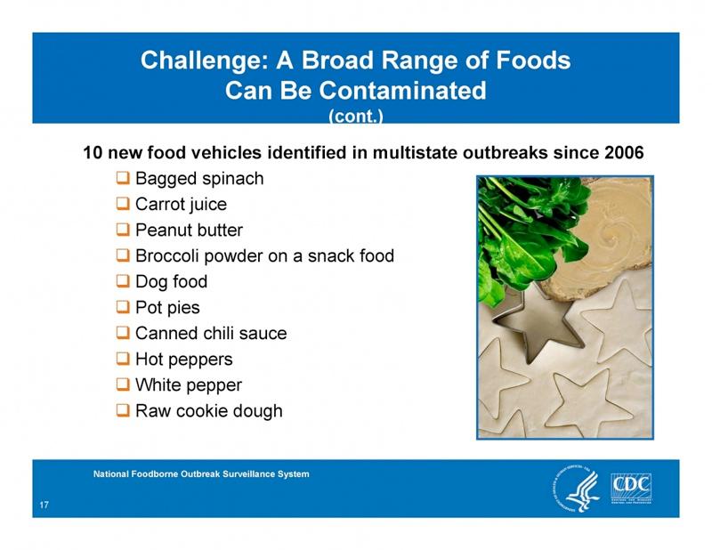 Challenge: A broad range of foods can be contaminated 10 new food vehicles identified in multi-state outbreaks since 2006 Bagged spinach