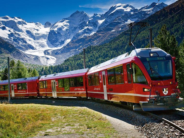 Bernina Express: This UNESCO World Heritage listed journey features a north-south Alpine crossing from Chur to Lugano, with breathtaking views as you travel from iceage glaciers to palm trees.