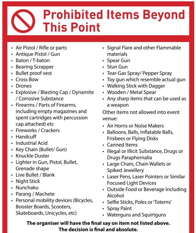 Prohibited Items List Please note that