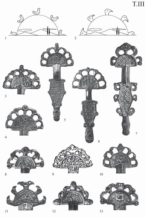 Митологизираното гумно во словенската традиционална култура - I 1,2. Схеми: Динамизација на небото. Н. Чаусидис, Митските..., 177 T. LXV. 3. Фибула (детаљ полукружна плочка), 6 7.