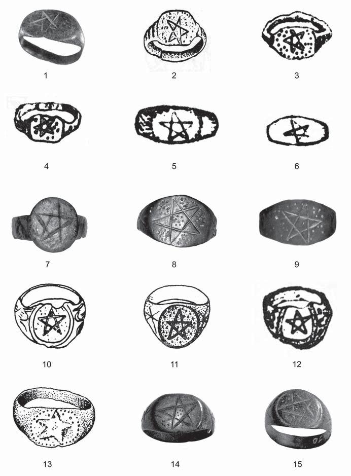 Пентаграм во средниот век - прелиминарни истражувања врз основа на балканските примери Средновековни прстени: сл. 1: Градиште Таор (К. Ристов, Градиште Таор, сл. 7); сл: 2 Бресто Бурлатица, с.