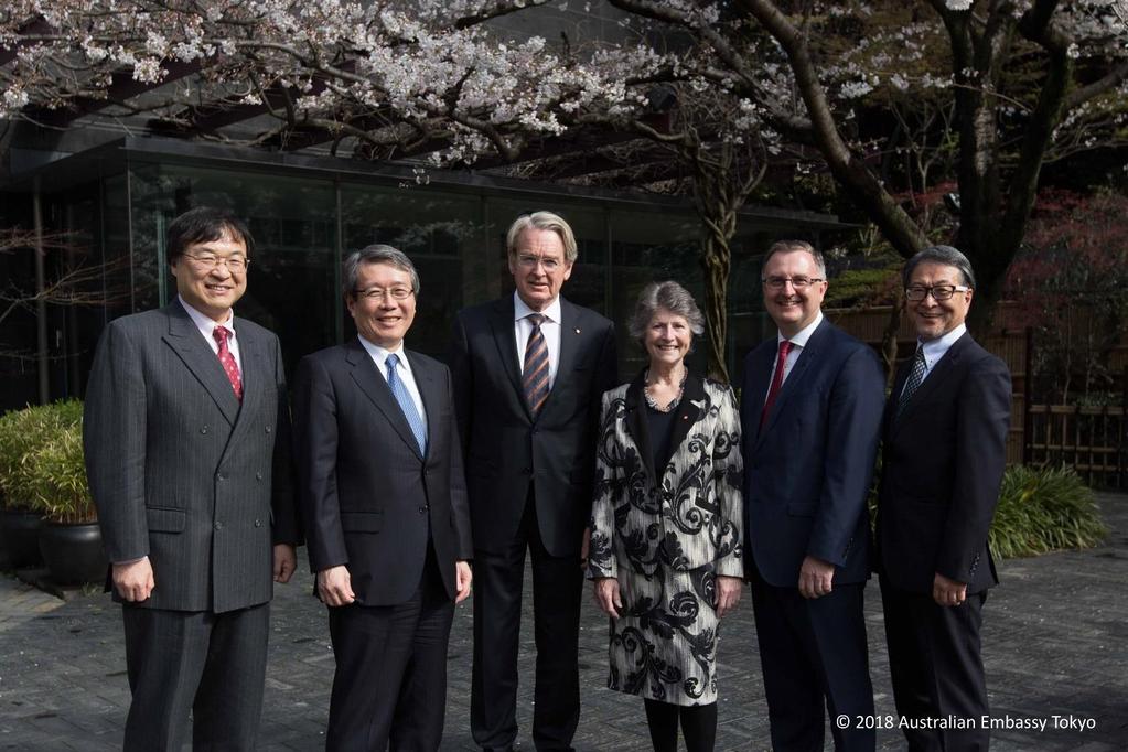 Photograph: Pictured: The Rio Tinto Fellow being welcomed at the Australian Ambassador s Residence on 22 March 2018 by (L to R): Professor Tatsuya Okubo, Dean of the School of Engineering, The