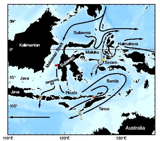Dynamic signals transmits via Indonesian Archipelago More than 100 meters deeper compared to other two east