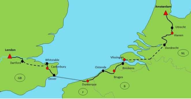 Route Technical Characteristics: Tour Profile: Easy. Terrain is primarily flat; hilly terrain between Canterbury and Dover (34 km). Cycling distances: 52 to 70 km per day. Travel time: 4 to 5.