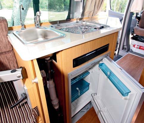 5kg Clockwise from top left: The Bondi 4S can carry four passengers, making it a versatile vehicle; a three-burner cooktop and sink fit into the nearside kitchen bench; under-seat storage drawer and