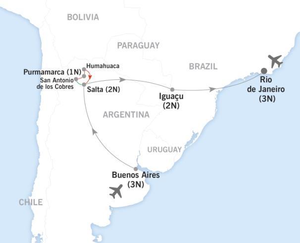 Travel between the vivacious cities of Buenos Aires and Rio de Janeiro via the Andean city of Salta and the spectacular Iguaçu