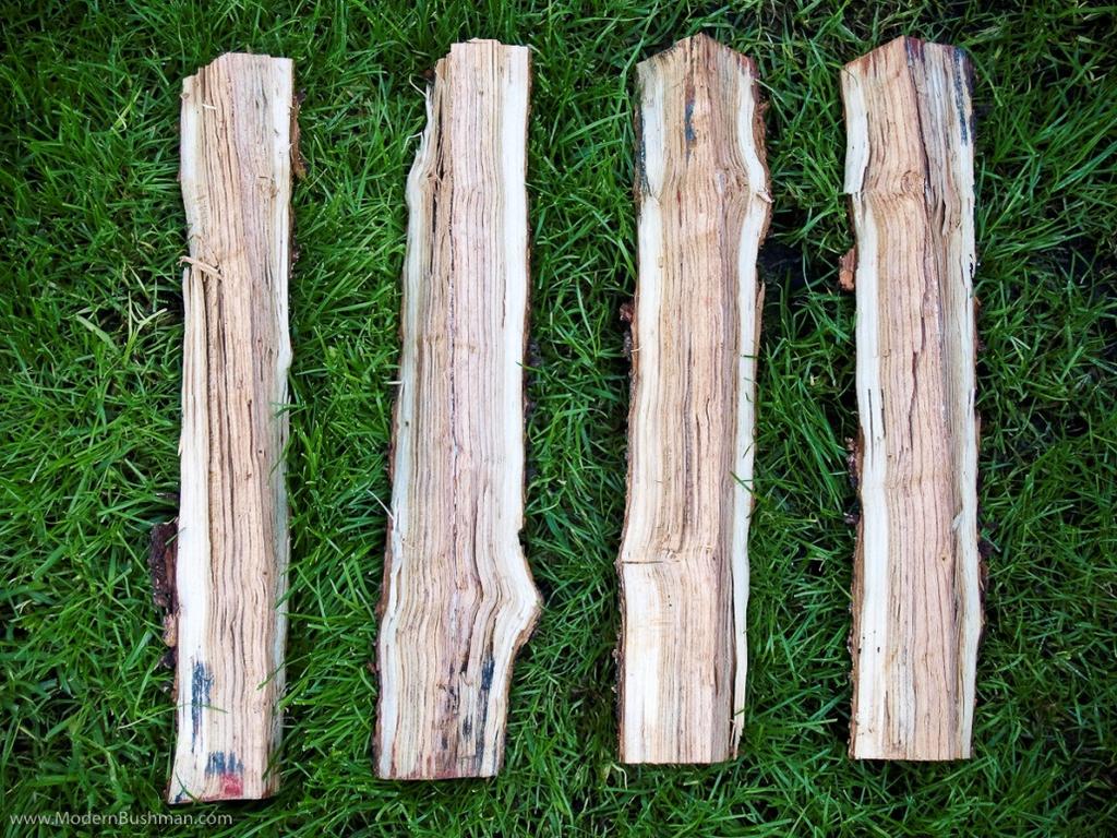 Smaller logs can be split into 4 pieces After the log is split you can either bundle it together loosely with twine, 550 or wet bark strips or you can just balance the whole thing together if the log